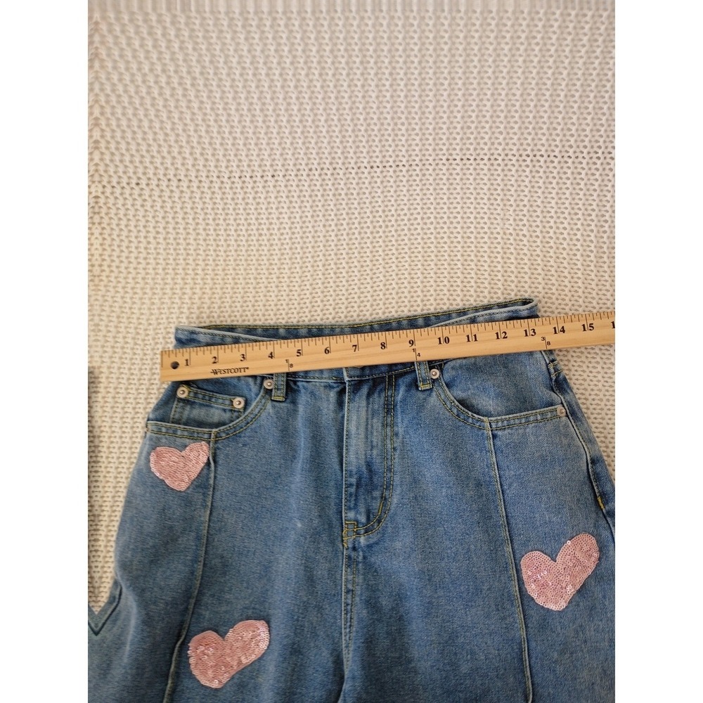 CIDER PINK Closet Sequin Heart Straight Leg Jeans High Rise Side Slit S 25x30 - Picture 8 of 10